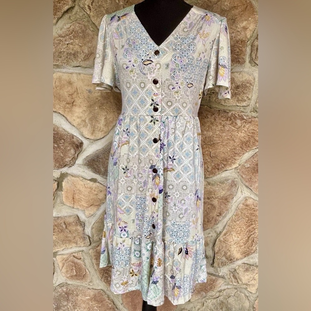 Monteau Cream and Purple Patterned Midi Dress